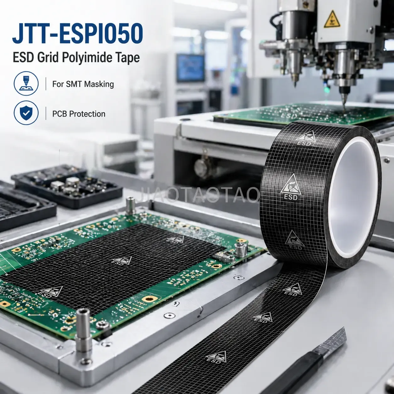 JTT-ESPI050-SI ESD grid tape for PCB masking, SMT processing, and semiconductor handling.